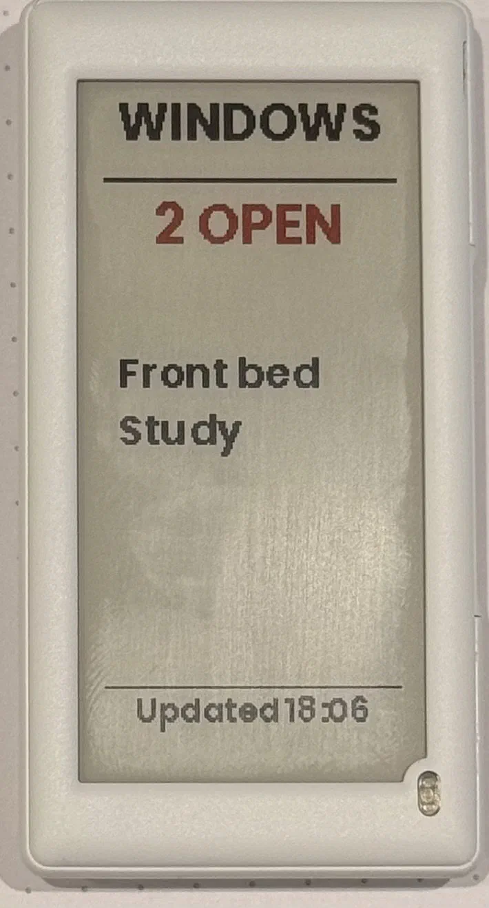 E-paper display showing a Home Assistant window-status dashboard with two windows open: Front bed and Study, updated at 18:06.