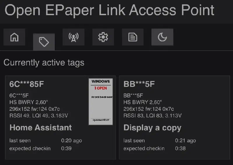 OpenEPaperLink access-point dashboard showing two active e-paper tags, including a window-status display.