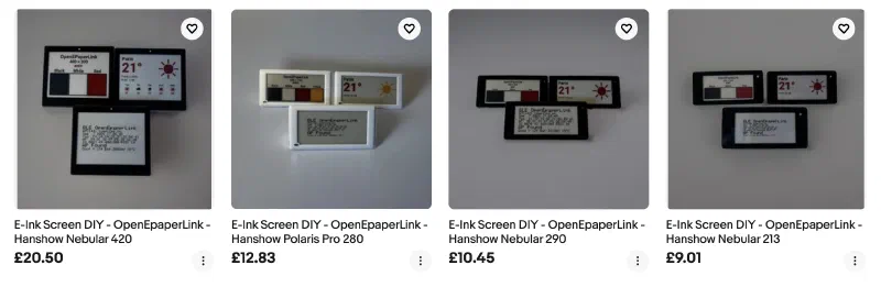 Online shop listings for several OpenEPaperLink-compatible e-ink display tags, including Hanshow Nebular and Polaris models with prices
