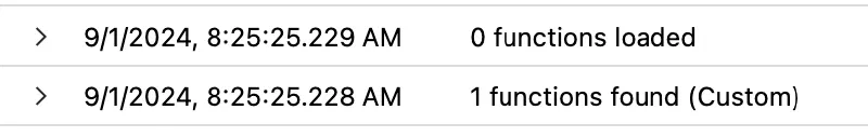 two log entries, 1 functions found (Custom) immediately after it 0 functions loaded