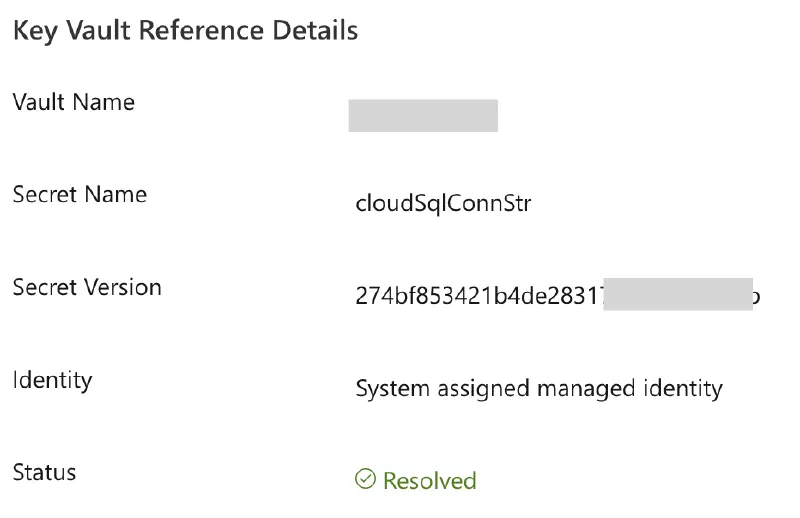 Screen shot showing that the KeyVault key status is "Resolved"