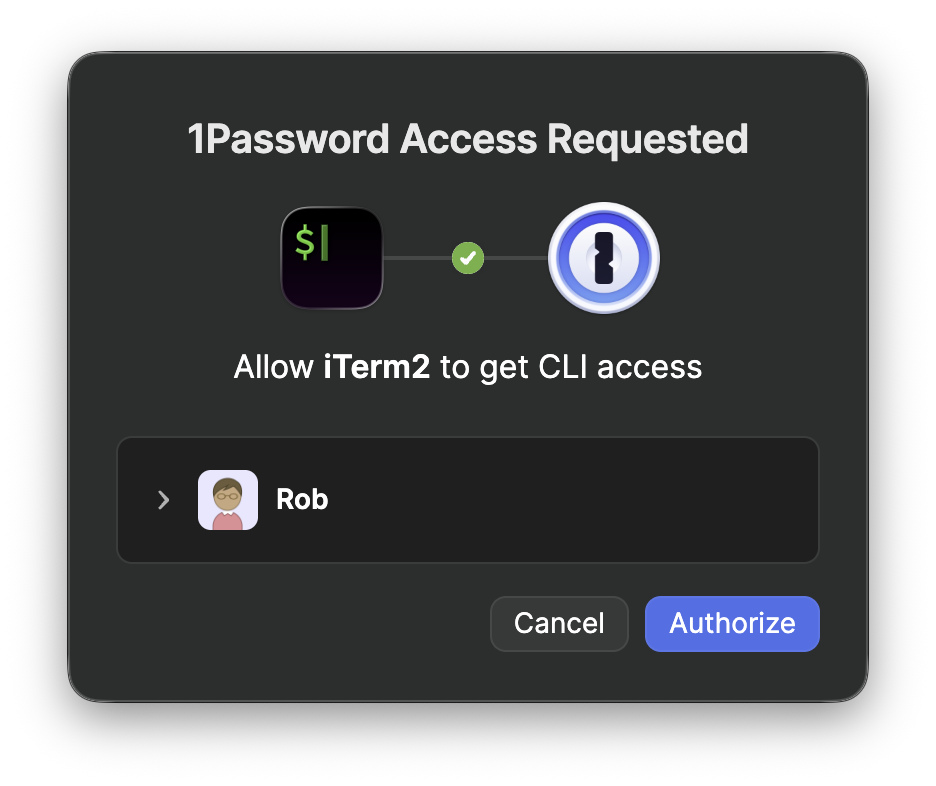 1Password authorization prompt requesting CLI access for iTerm2. The dialog shows the iTerm2 terminal icon connected via a green checkmark to the 1Password icon, with the text "Allow iTerm2 to get CLI access." The account "Rob" is listed below with an expandable disclosure arrow. Cancel and blue Authorize buttons at the bottom.
